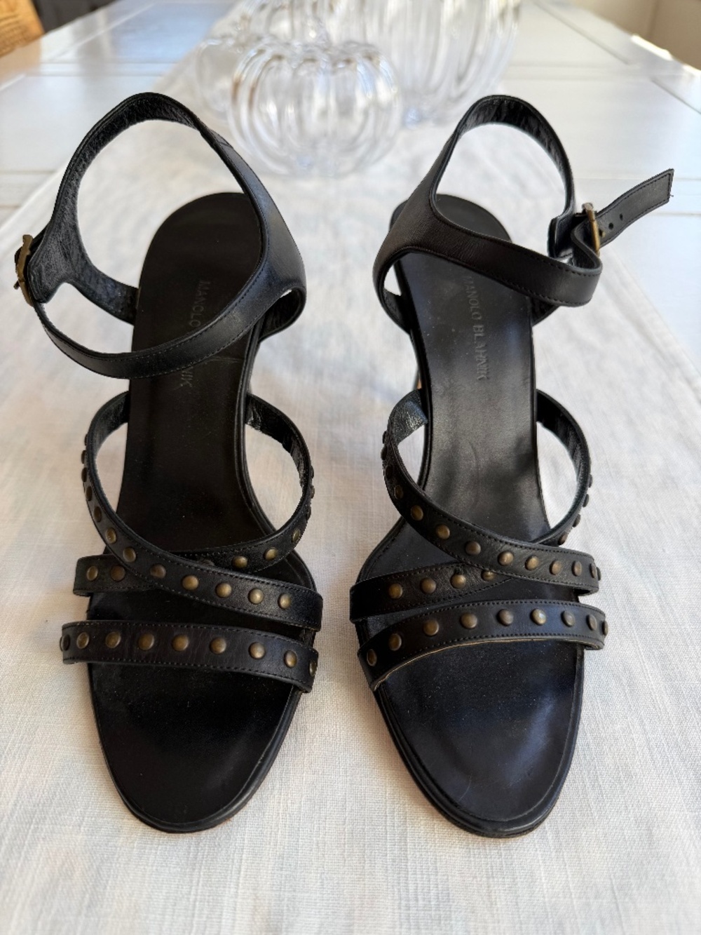 Manolo Blahnik black leather studded heels, size 39